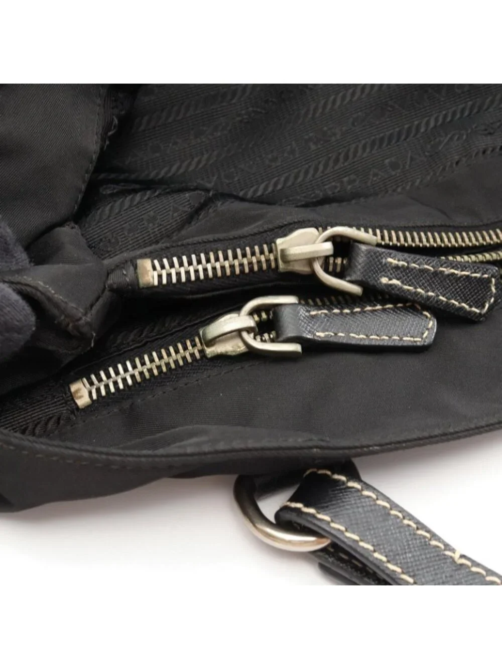 Prada Tote Triangle Logo Black Nylon Saffiano Leather